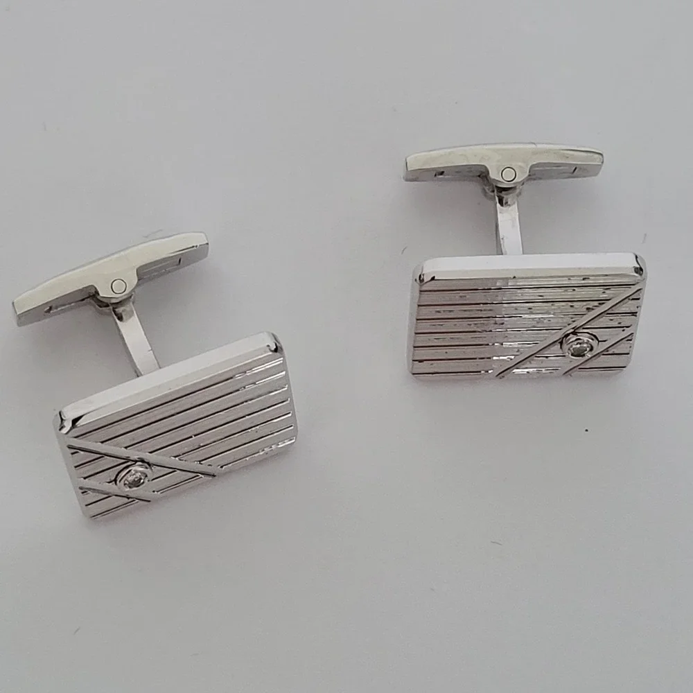 Vintage Sterling Silver Etched Rectangular Cufflinks with Clear‎ Stone Accents